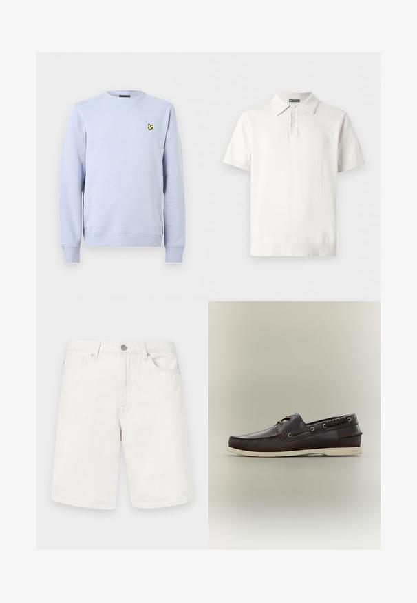 Sweat-shirt bleu clair à col rond avec des manches longues et un petit logo d'oiseau jaune sur le côté gauche de la poitrine.; Polo blanc à manches courtes avec trois boutons et un col, présenté sur un fond plat et clair.; Shorts en denim blanc avec une coupe droite, présentant des poches avant, une taille avec passants de ceinture et une fermeture à bouton en métal. Texture lisse.; Chaussure bateau en cuir marron foncé avec semelle blanche, couture moc toe, œillets pour lacets et laçage décoratif sur le côté, sur un fond neutre.