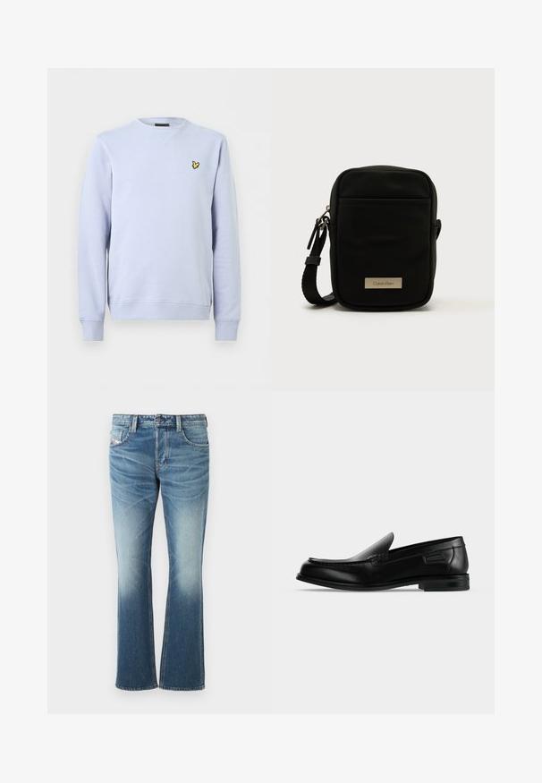 Sweat-shirt bleu clair à col rond avec des manches longues et un petit logo d'oiseau jaune sur le côté gauche de la poitrine.; Jean en denim bleu avec un design évasé, présentant un lavage délavé, cinq poches et des coutures contrastantes. Fermeture par bouton à la taille.; Mocassin noir en cuir à enfiler avec un petit talon, un bout arrondi et des surpiqûres décoratives le long du bord supérieur.; Sac bandoulière en nylon noir texturé de forme rectangulaire, avec une poche avant zippée et une plaque logo en métal. Bretelle réglable incluse.