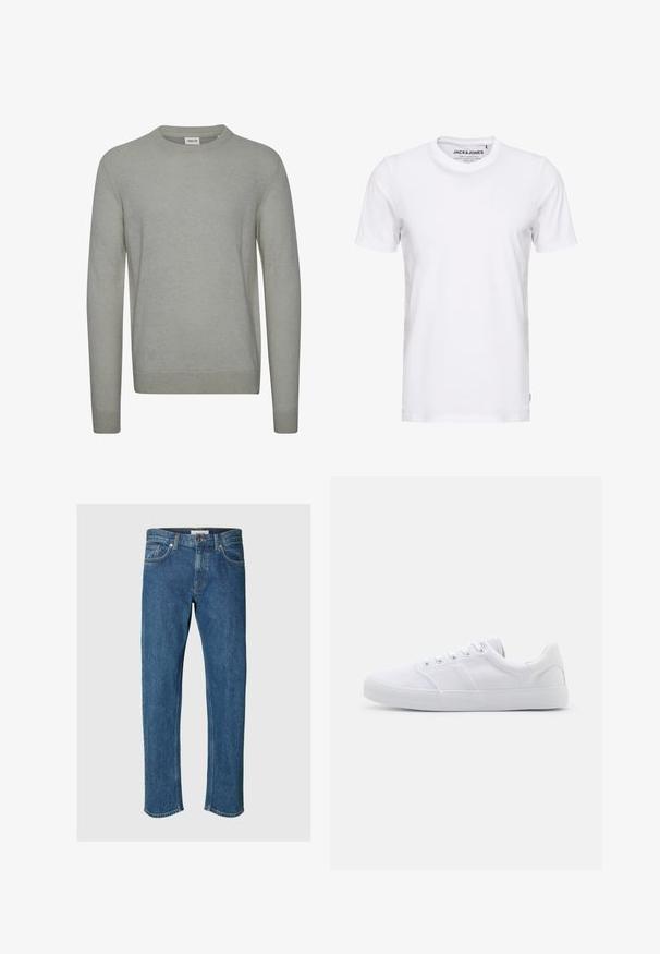 Suéter gris claro de tejido de punto, con cuello redondo, mangas largas y puños y dobladillo acanalados. Diseño simple de color sólido.; Camiseta de manga corta blanca, hecha de algodón, con cuello redondo y un diseño sencillo. Etiqueta de la marca visible en la zona del cuello. Sin patrones ni detalles.; Selected SLH196-STRAIGHT BEN KORI JEANS NOOS - Vaqueros rectos - medium blue denim; Zapatillas de lona blancas con suela de goma, que cuentan con seis ojales, una puntera texturizada y un diseño minimalista.