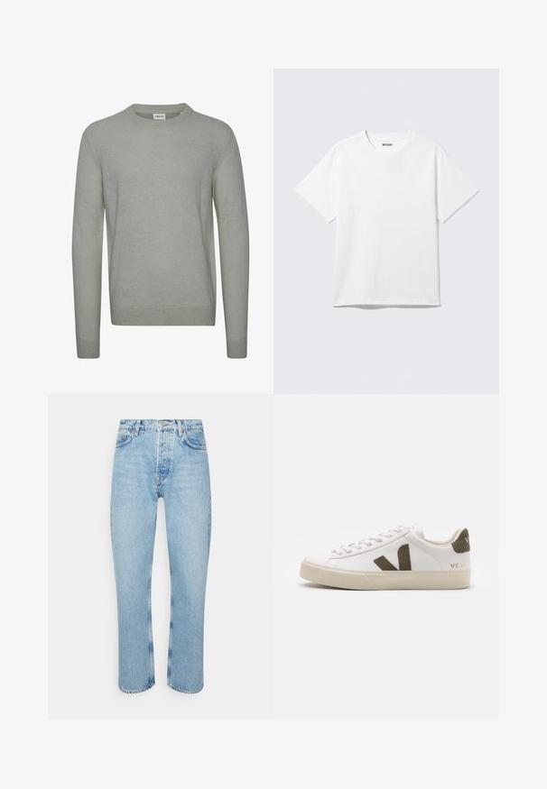 Suéter gris claro de tejido de punto, con cuello redondo, mangas largas y puños y dobladillo acanalados. Diseño simple de color sólido.; Camiseta blanca de manga corta con cuello redondo, colocada plana, diseño liso, con etiqueta "WEEKDAY" en el interior del cuello sobre un fondo claro.; Jeans de mezclilla azul claro con corte recto, cintura alta, diseño de cinco bolsillos y detalles de costura visibles en las costuras y dobladillos.; Zapatillas de cuero blanco con una suela de goma beige claro. Presenta un logo en forma de V de gamuza marrón y una pestaña en el talón. Cierre con cordones y superficie texturizada.