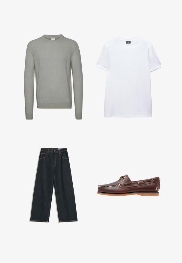 Lys grå sweater lavet af strikket stof, med rund hals, lange ærmer og ribbede manchetter og kant. Enkel, ensfarvet design.; Simpel hvid t-shirt med korte ærmer og rund halsudskæring med en sort Pull&Bear mærkat indeni kraven, vist på en hvid baggrund.; Mørkeblå jeans med brede ben, forrest med knapper, lynlås og femlommedesign, med synlige gule syninger.; Brun læder bådsko med hvide sømme, snøre detaljer og lysbrun gummisål, vist fra siden på hvid baggrund.