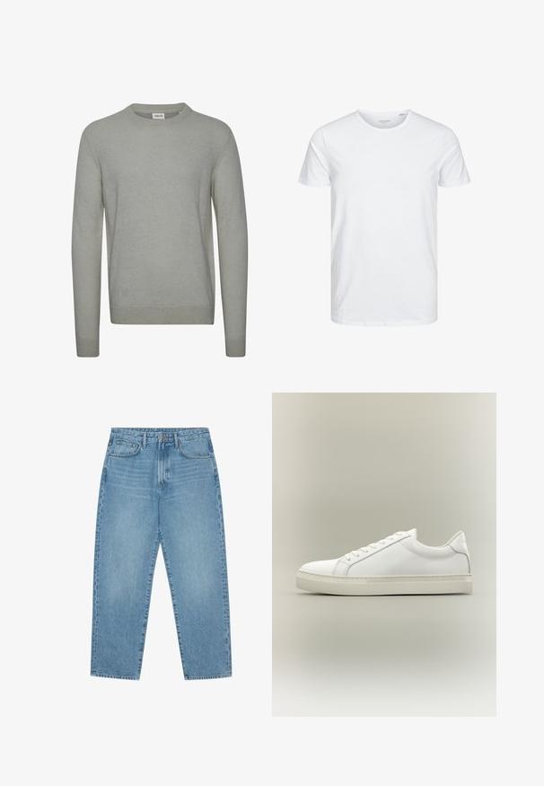 Lys grå sweater lavet af strikket stof, med rund hals, lange ærmer og ribbede manchetter og kant. Enkel, ensfarvet design.; Rundhals kortærmet t-shirt i ensfarvet hvid, lavet af blød bomuld, har et simpelt design uden synlige mønstre eller detaljer.; Lyseblå denimjeans med lige ben, fem-lomme design og en let falmet struktur. Indeholder knap- og lynlåslukning.; Hvid lavtop sneaker med snørebånd foran og tyk sål, vist fra siden mod en neutral baggrund.