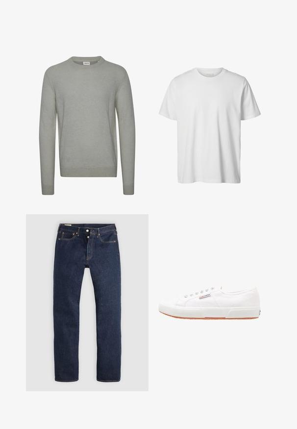 Lys grå sweater lavet af strikket stof, med rund hals, lange ærmer og ribbede manchetter og kant. Enkel, ensfarvet design.; Enkelt hvid T-shirt med korte ærmer og rund hals, løs pasform og uden synlige logoer eller designs foran.; Mørkeblå jeans med lige ben, knaplukning, for- og baglommer samt kontrastsyning, lagt fladt på en lys baggrund.; Hvide kanvas sneakers med gummisål, snørebåndsdesign og et lille logo mærke på siden. Tekstureret hvid overdel og brun ydersål.