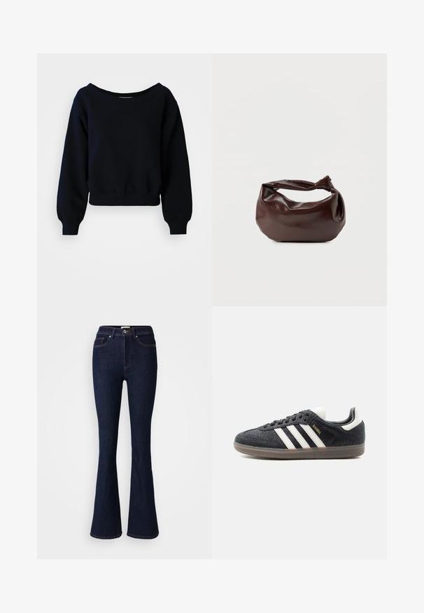Effen zwarte cropped sweatshirt met lange mouwen, met geribbelde manchetten, tailleband en een brede halslijn op een witte achtergrond.; Uitlopende donkerblauwe spijkerbroek met een hoge taille, knoopsluiting en voor- en achterzakken. Gladde textuur met contrasterende stikdetails.; Zwarte Adidas Samba sneaker met witte strepen, gumzool en gouden "Samba" tekst aan de zijkant, gezien van links op een effen achtergrond.; Donkerbruine leren schoudertas met een zachte, slungelige vorm en een gedraaide knoopvormige handgreep op een effen witte achtergrond.