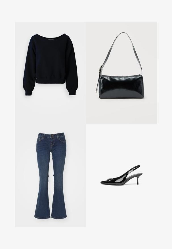 Effen zwarte cropped sweatshirt met lange mouwen, met geribbelde manchetten, tailleband en een brede halslijn op een witte achtergrond.; Uitlopende blauwe denim jeans gemaakt van katoen met een middelhoge taille, vijf-pocket ontwerp en contrasterende stiksels langs de naden.; Zwarte gepatineerde leren slingback hakken met een puntige neus en een glanzende afwerking. Heeft een slanke hak en een ronde accent op de bovenkant.; Zwarte rechthoekige schoudertas met een enkele verstelbare band en een bovenste ritssluiting op een effen achtergrond.