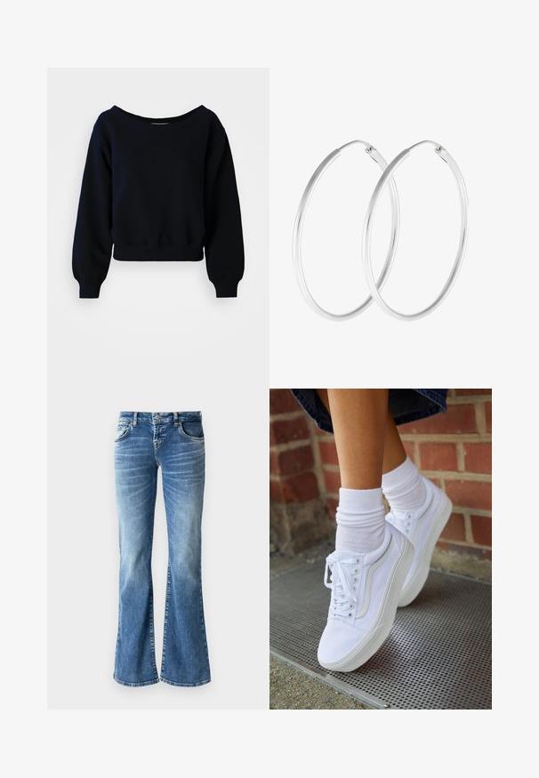 Schwarzes, langärmeliges, gekürztes Sweatshirt mit gerippten Bündchen, Taillenbund und weitem Halsausschnitt auf weißem Hintergrund.; Hellblaue Jeans im Schlagstil mit ausgebleichtem Waschlook, fünf Taschen, gestickten Details und einem Reißverschluss mit Knopfverschluss.; Weiße Leinensneaker mit Gummisohlen, ausgestattet mit sechs Ösen, runder Zehenpartie und dezenten Nähten, kombiniert mit weißen Knöchelsocken.; Silberfarbene Creolen mit einer glatten, runden Form und einer polierten Oberfläche. Beide Ohrringe haben die gleiche Größe und verfügen über einen sicheren Verschlussmechanismus.