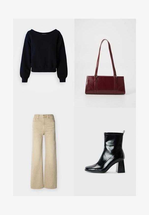 Effen zwarte cropped sweatshirt met lange mouwen, met geribbelde manchetten, tailleband en een brede halslijn op een witte achtergrond.; Beige jeans met hoge taille en wijde pijpen, voorzien van knopen en rits aan de voorkant, voor- en achterzakken, en riemlussen, afgebeeld op een witte achtergrond.; Zwarte, gepatineerde enkellaars met een vierkante neus en een chunky geometrische hak. De laars heeft een gladde, glanzende textuur en een achterste trekband voor eenvoudig aan- en uittrekken.; Bourgondische handtas van glanzend materiaal, rechthoekige vorm, met twee schouderbanden en subtiele gebogen accenten aan de voorkant.