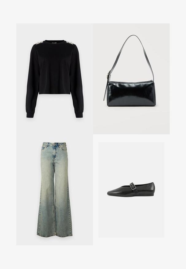 Schwarzes, kurzes Sweatshirt mit langen Ärmeln. Mit dekorativen Verzierungen an den Schultern. Glattes Material, gerippte Bündchen und Kragen.; Helles blauweite Jeans im Denim-Stil mit hoher Taille, ausgewaschenem Finish und seitlichen Taschen mit sichtbaren Nähten.; Schwarze Lederflachschuhe mit spitzem Zehenbereich, ausgestattet mit einem metallischen Riemen über dem Spann und einer niedrigen, flexiblen Sohle.; Schwarze rechteckige Schultertasche mit einem verstellbaren Riemen und einem oberen Reißverschluss vor einfachem Hintergrund.