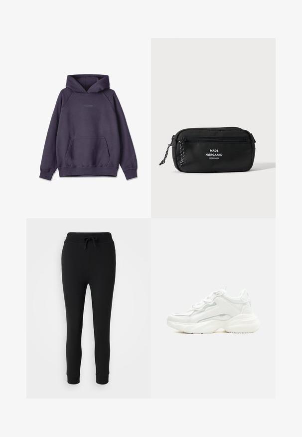 Pegador CLARITA LOGO OVERSIZED HOODIE - Φούτερ με κουκούλα - washed indigo blue gum; Even&Odd Petite by Zalando Παντελόνι φόρμας - black; Λευκό χοντρό αθλητικό παπούτσι με παχιά σόλα, μπροστινό δέσιμο με κορδόνια και λείο συνθετικό επάνω μέρος με λεπτομέρειες διακριτικού ραψίματος.; Μαύρη ορθογώνια θήκη με μπροστινή τσέπη με φερμουάρ, πλεγμένες λαβές φερμουάρ και λευκό λογότυπο "MADS NØRGAARD COPENHAGEN" στο μπροστινό μέρος.