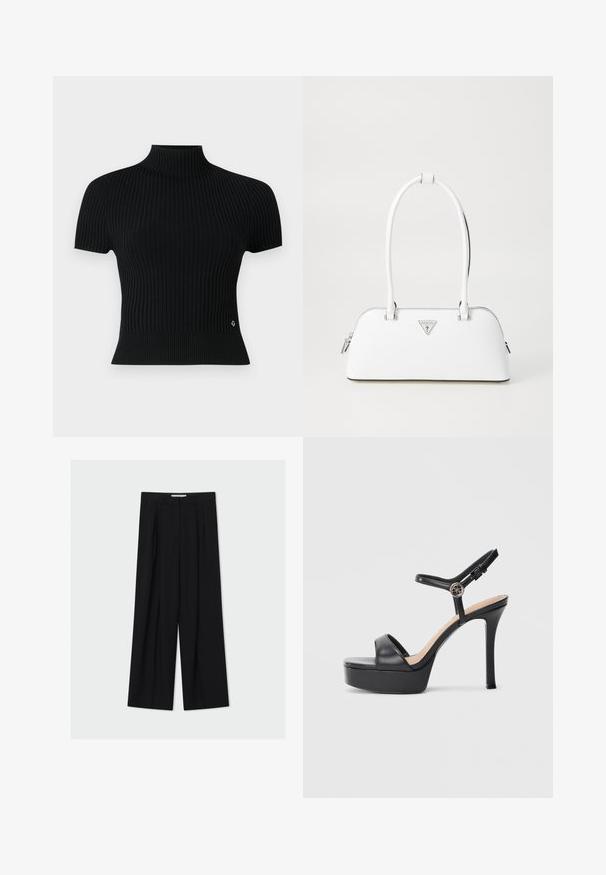Haut noir à manches courtes en rib à col montant, avec une silhouette ajustée et un accent logo subtil à la taille.; Pantalon noir taille haute à jambes larges avec passants de ceinture et plis devant, présenté sur un fond gris clair.; Sandales à plateforme noires avec un talon haut stilettos, dotées d'une tige en cuir lisse, d'un bout ouvert et d'une bride de cheville ajustable avec ferrures.; Sac à main en cuir blanc avec une forme courbée, présentant un logo triangulaire argenté et une fermeture à glissière. Texture lisse et doubles poignées.