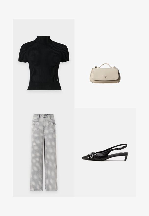 Haut noir à manches courtes en rib à col montant, avec une silhouette ajustée et un accent logo subtil à la taille.; Jean large en denim gris clair avec taille haute, quatre poches et un motif délavé pour un ajustement décontracté.; Chaussure slingback en cuir noir avec bout pointu, trois boucles argentées à l'avant et petit talon kitten sur fond blanc.; Petit sac à main en cuir beige avec poignée supérieure et logo CK argenté sur le rabat avant, présenté sur fond blanc.
