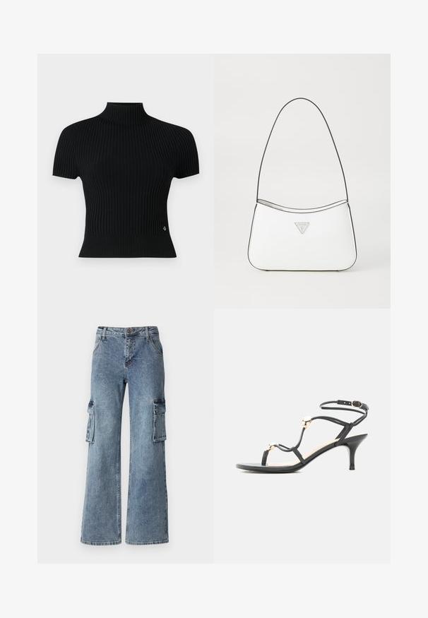 Haut noir à manches courtes en rib à col montant, avec une silhouette ajustée et un accent logo subtil à la taille.; Pantalons cargo en denim bleu à jambes larges, dotés de poches latérales, d'une fermeture à bouton et de passants de ceinture. Le tissu présente un léger délavage avec des dégradés subtils.; Sandale noire à fines lanières et talon moyen, ornée de perles dorées et d'une bride de cheville avec boucle sur fond blanc.; Sac à main blanc au design élégant et incurvé, doté d'une fine bandoulière noire et d'un accent logo triangle argenté. Texture lisse et détails minimaux.