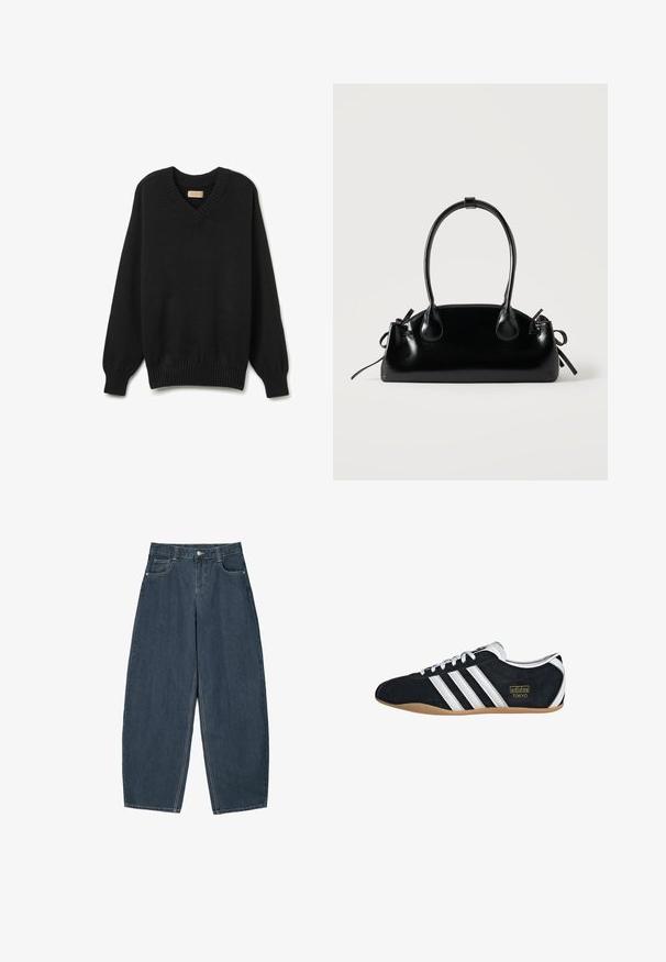 Sort v-hals sweater lavet af blødt strikket stof. Har ribbestrikkede manchetter og kant, med en afslappet pasform og indsyede ærmer.; Mørkeblå denim buede bukser med høj talje, som har fem lommer og synlige stingdetaljer. Ren, minimalistik design.; Sort ruskinds sneaker med hvide tre striber, guldlogo og en brun gummisål. Har et lavprofil snørebåndsdesign.; Lille sort blank håndtaske med to lange håndtag og snøre-detaljer i siden på en ensfarvet lys baggrund.