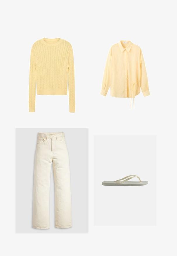 Lichtgele gebreide trui met een ronde halslijn, gekenmerkt door een textuur kabelpatroon en lange mouwen, afgewerkt met een geribbelde zoom.; Lichtgele blouse met lange mouwen, puntige kraag, verborgen knopen aan de voorkant en een zijstrikdetail aan de rechter zoom.; Wijde jeans van off-white denim, met een hoge taille, koperen klinknagels en een klassiek ontwerp met vijf zakken. Gestructureerde stof met nette zomen.; Enkele ecru rubberen teenslipper met dunne bandjes en een gestructureerd voetbed, zijaanzicht op een effen achtergrond.