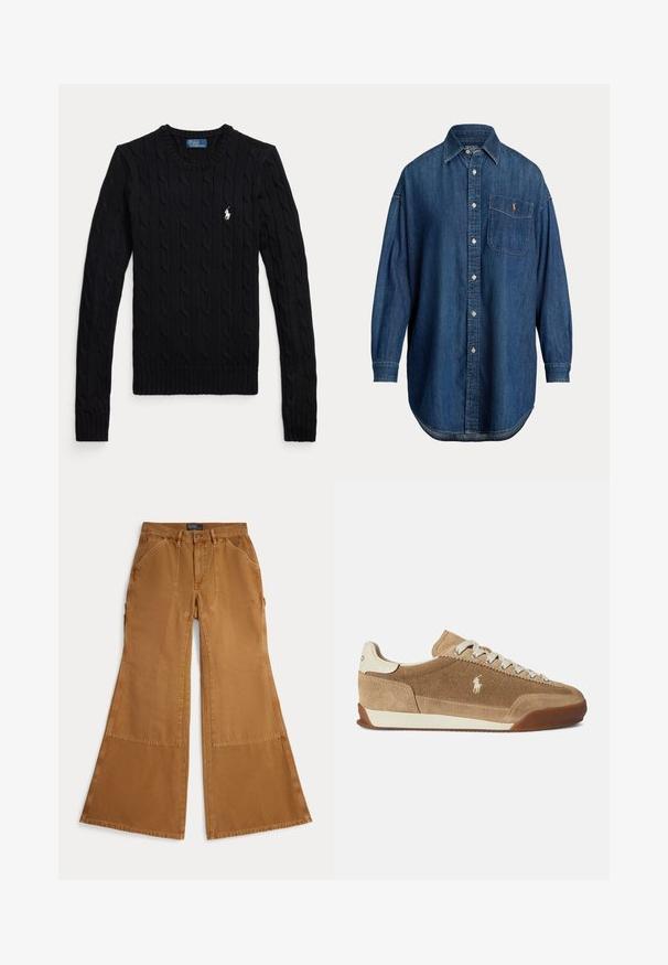 Jersey negro de manga larga con punto de cable, cuello redondo y pequeño logo blanco de Polo Ralph Lauren en el pecho izquierdo.; Camisa de mezclilla azul de manga larga con botones, bolsillo en el pecho con pequeño logo bordado y cuello clásico.; Pantalones marrones de pierna ancha hechos de algodón con detalles de parches, cierre con botón y bolsillos angulados en la parte delantera. Textura suave, diseño casual.; Zapatillas de ante color canela con un perfil bajo, detalles en crema, diseño con cordones y suela de goma. Presentan un pequeño logo en el lateral.