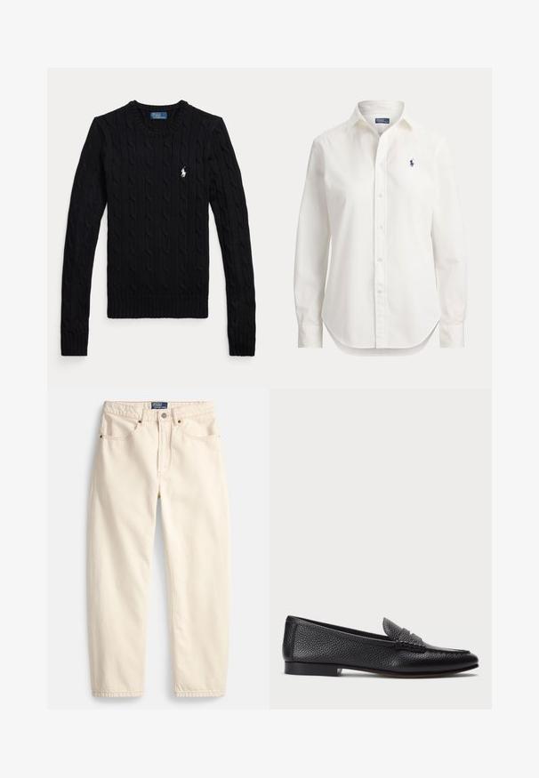 Jersey negro de manga larga con punto de cable, cuello redondo y pequeño logo blanco de Polo Ralph Lauren en el pecho izquierdo.; Camisa blanca de manga larga con botones, cuello y pequeño logo azul de jugador de polo en el pecho izquierdo.; Vaqueros color crema hechos de mezclilla, con un diseño de pierna recta, bolsillos delanteros y detalles de costura superior. Cierre con botón metálico y cremallera.; Mocasin de cuero negro con acabado texturizado, que cuenta con una correa decorativa y tacón plano. Diseño elegante y minimalista con punta redondeada.
