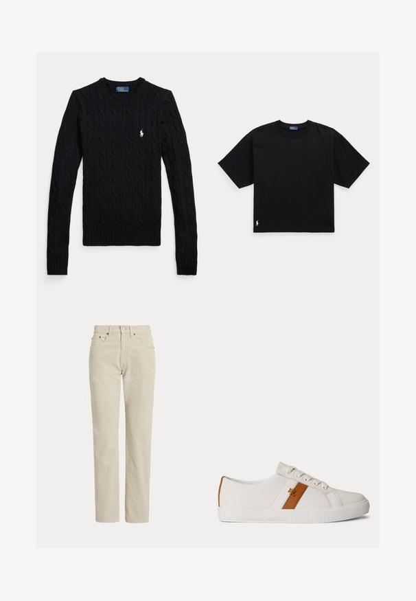 Jersey negro de manga larga con punto de cable, cuello redondo y pequeño logo blanco de Polo Ralph Lauren en el pecho izquierdo.; Camiseta negra de manga corta con cuello redondo, corte holgado y pequeño logo blanco bordado cerca del dobladillo inferior sobre un fondo liso.; Pantalones de pana beige de corte recto con trabillas para cinturón, botón delantero, cremallera y bolsillos delanteros.; Zapatilla blanca de perfil bajo con franja marrón y logo dorado en el lateral, cordones blancos y suela de goma blanca texturizada.