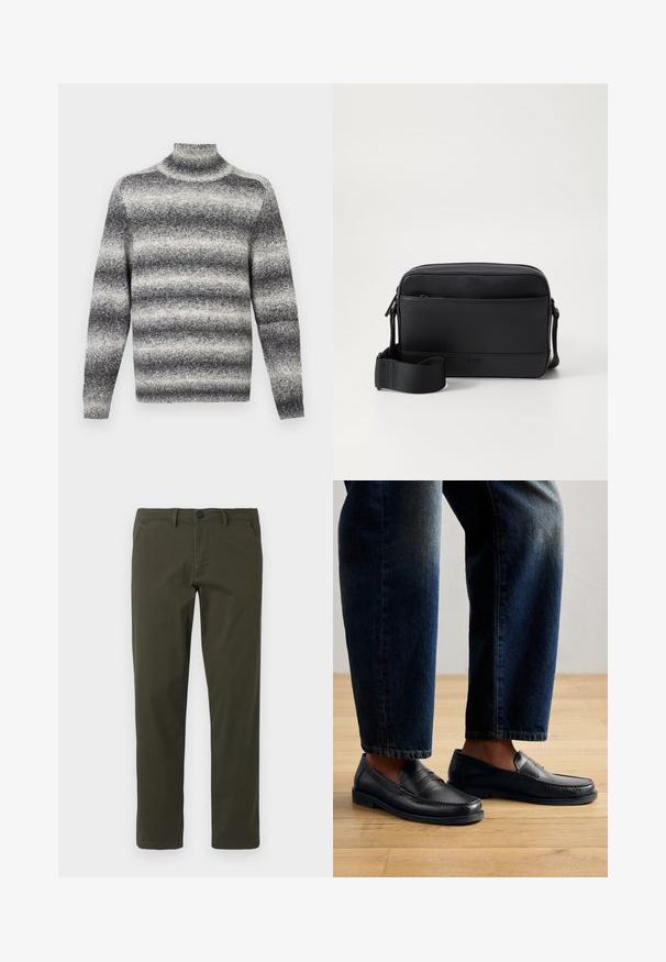 Pullover col roulé rayé gris et blanc avec col côtelé, offrant une texture douce et des manches longues classiques.; Pantalons droits en vert olive fabriqués à partir d'un mélange de coton. Présentent une fermeture éclair, des passants de ceinture et deux poches latérales. Texture lisse.; Mocassins en cuir noir avec des coutures et des accents texturés, portés avec un jean foncé, mettant en avant un design décontracté et épuré.; Sac messager noir en cuir lisse avec une poche avant, fermeture zippée et bandoulière en tissu réglable. Logo de la marque embossé à l'avant.