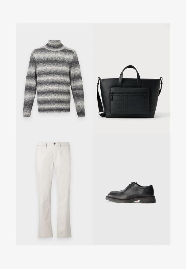 Grå og hvid stribet højhalset sweater med ribstrik i halsen, der tilbyder en blød tekstur og almindelige lange ærmer.; Lys beige bomuldsbukser med lige snit, knaplukning og sidelommer. Glat tekstur, ingen synlige mønstre eller accenter.; Sorte lædersko med glat tekstur, rund tå og lav, præget syning. Tykk gummisål med let hæl og skridsikker mønster.; Sort lædernet med to top-hanke, justerbar skulderrem og en tekstureret frontlomme med et subtilt vævet mønster.