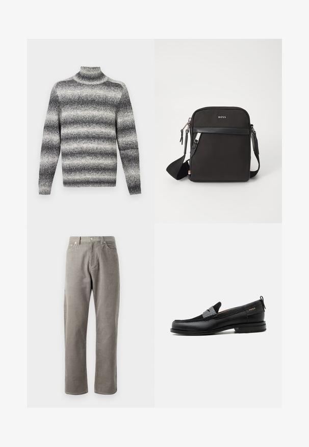 Grå og hvid stribet højhalset sweater med ribstrik i halsen, der tilbyder en blød tekstur og almindelige lange ærmer.; Grå kordfløjlsbukser med lige ben, der har en høj talje, forlommer og en subtil lodret ribbet tekstur.; Sort læderloafer med grå remdetalje, lav hæl og tekstureret sål, mærket med "HUGO" i guld på siden.; Sort crossbody taske med et struktureret stof, logo på fronten, lynlås lukning og justerbar rem. Har en glat læderkant.