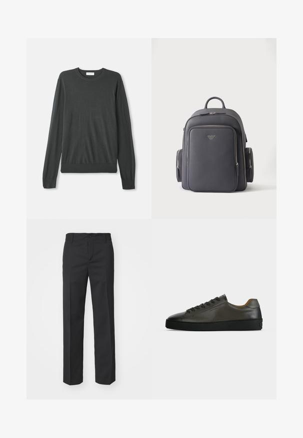 Donkergrijze lange mouw gebreide trui met een ronde halslijn, aansluitende manchetten en een geribbelde zoom. Glad textuur zonder zichtbare patronen of versieringen.; Filippa K TROY TROUSERS - Broek - black; Donkergrijze leren lage sneaker met zwarte veters en zool, minimalistisch ontwerp, zijaanzicht op een effen lichte achtergrond.; Zwarte leren rugzak met ritszakken aan de voor- en zijkant en een klein metalen logo middenvoor.