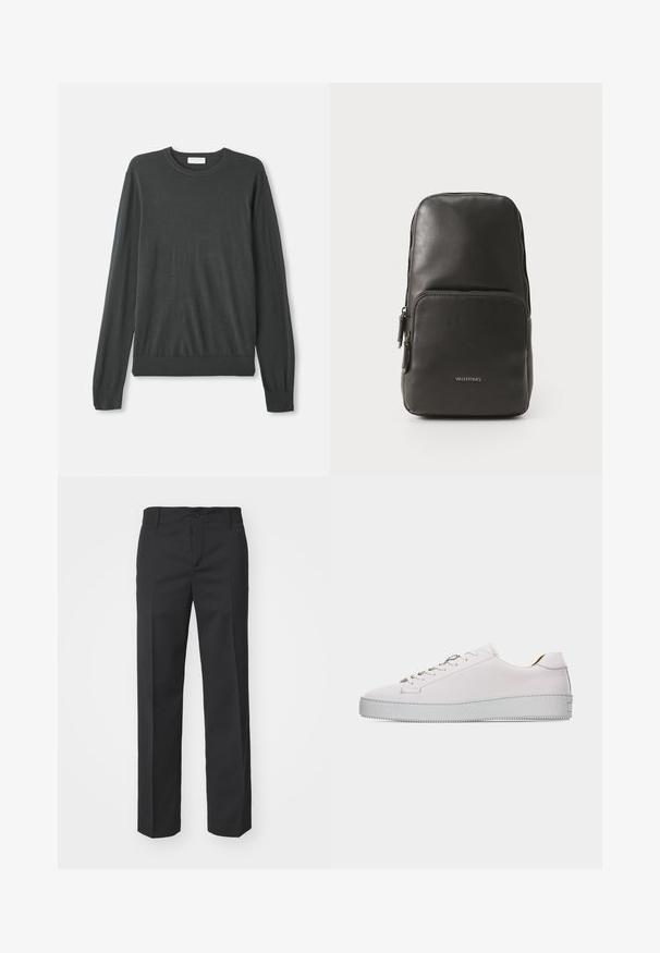 Tummaa harmaa pitkähihaineule, jossa on pyöreä kaula-aukko, istuvat hihat ja ribbaushelma. Tasainen pinta ilman näkyviä kuvioita tai koristeita.; Filippa K TROY TROUSERS - Housut - black; Matalavartinen valkoinen nahkainen lenkkari, jossa valkoiset nauhat, litteä kuvioitu kumipohja ja minimaalinen ompelu, esitetty ulkosivulta valkoisella taustalla.; Musta nahkainen reppu, jossa on sileä pinta, varustettuna vetoketjullisella pääosastolla ja etutaskulla. Logo esillä edessä.