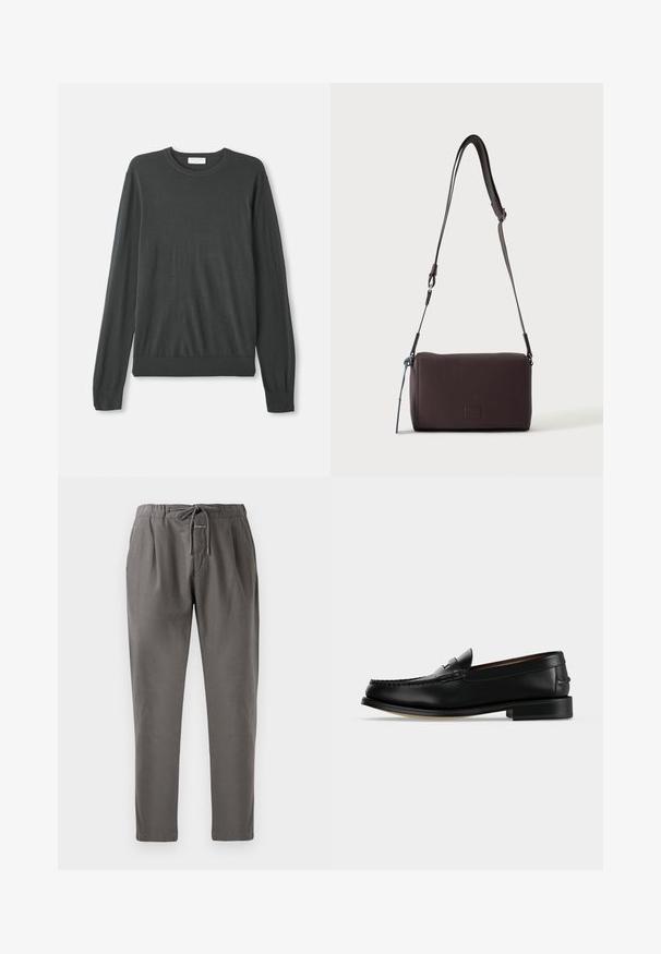 Un suéter de punto de manga larga en gris oscuro con cuello redondo, puños ajustados y un dobladillo acanalado. Textura suave sin patrones o adornos visibles.; Pantalones de algodón grises con cinturilla elástica y cordón. Cuentan con bolsillos laterales y un ajuste relajado, estrechándose en los tobillos.; Mocasín masculino de cuero negro con tacón bajo y costura estilo mocasín en la puntera, mostrado de lado sobre un fondo liso.; Bolso bandolera de cuero marrón oscuro con textura, correa ajustable y pequeño adorno decorativo azul en el lateral.