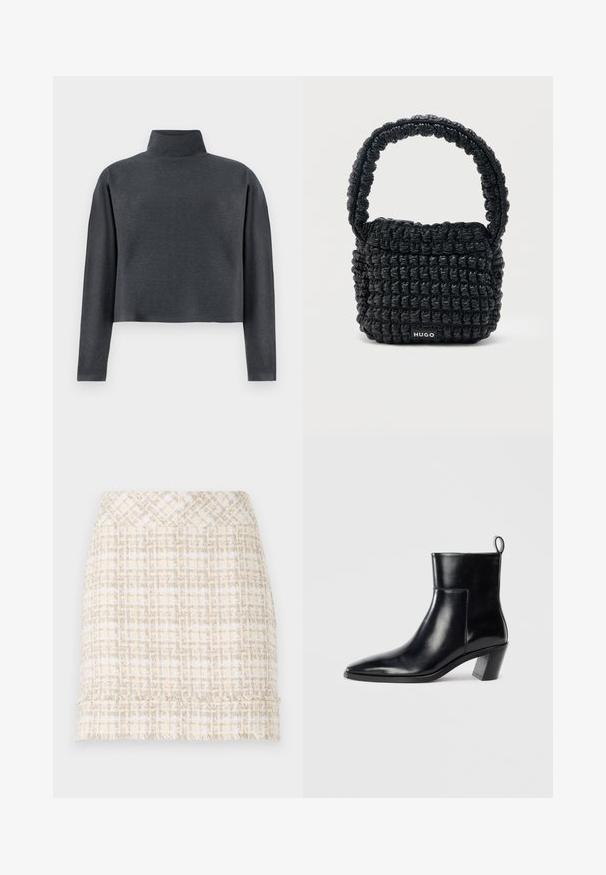 DRYKORN ASIRAL - Sweatshirt - grey; Jupe en tweed tissé crème et beige avec une finition texturée, présentant une coupe droite et un ourlet effiloché pour plus de détail.; Bottine en cuir noir avec un bout pointu, un talon empilé géométrique et une languette à l'arrière. Texture lisse et design épuré.; Petit sac à main noir matelassé avec une poignée courte rembourrée et une étiquette "HUGO" à l'avant, présenté sur un fond clair uni.