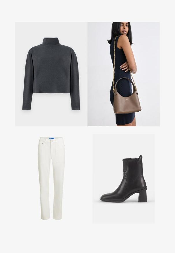 DRYKORN ASIRAL - Sweatshirt - grey; Hvide bukser med lige ben, forlommer med lapper, knap- og lynlås, samt bæltestropper.; Sort læder ankelstøvle med rund tå, teksturerede sidepaneler og en kraftig blokhæl. Glat overflade og minimalistisk design.; Brun læderhåndtaske med en buet silhuet, guld kædestrop og præget logo; præsenteret mod en neutral baggrund.