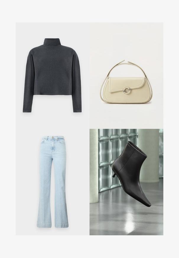 DRYKORN ASIRAL - Sweatshirt - grey; Lyseblå flagrende jeans lavet af denim. Har høj talje, lynlåsog to forlommer. Subtilt slid på stoffet, ren søm.; Sort læderankelstøvle med spids tå og lille hæl vist mod en væg af glasblokke og poleret gulv baggrund.; Cremefarvet læderhåndtaske med buet klap, cirkulært sølvspænde og kort topstrop på en ens hvid baggrund.