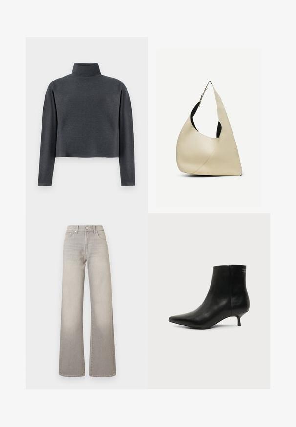DRYKORN ASIRAL - Sweatshirt - grey; Grå vide ben jeans med en falmet finish, knaplukning, fem-lomme design og syede detaljer langs sømmene.; Sort læder ankelstøvle med spids tå og lav kitten hæl på lys baggrund, der viser yderside.; Skuldertaske i cremelærret glat læder med buet trekantet form og justerbar rem med sølvspænde.