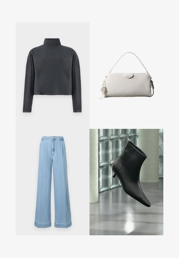 DRYKORN ASIRAL - Sweatshirt - grey; Lyseblå denim bredbenede jeans med høj talje, folder foran og rå kant for et afslappet look.; Sort læderankelstøvle med spids tå og lav kitten-hæ, vist vinklet mod en poleret gulv- og glasblokvæg.; Hvid rektangulær Calvin Klein håndtaske med enkelt håndtag, minimalistisk design og dekorative kvaster med geometrisk metalvedhæng på siden.