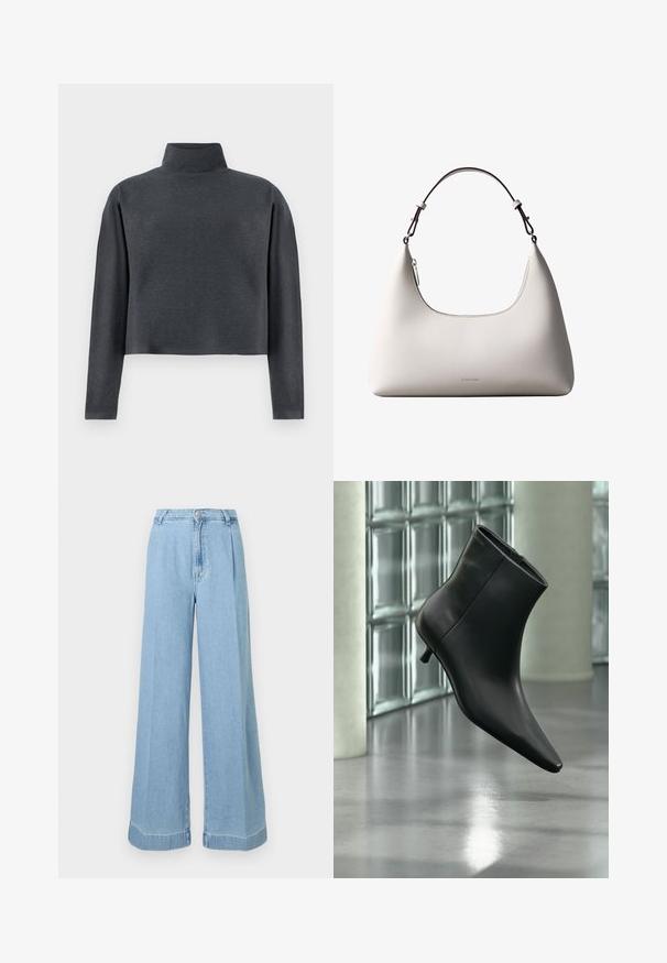 DRYKORN ASIRAL - Sweatshirt - grey; Helle blaue Jeans im weit geschnittenen Schnitt mit hoher Taille, Falten an der Vorderseite und einem rohen Saum für einen lässigen Look.; Schwarzer Leder-Stiefelette mit spitzer Zehenpartie und niedrigem Kitten-Heel, schräg dargestellt vor einem polierten Boden und einer Glasbausteinwand.; Cremefarbene Calvin Klein Lederschultertasche mit gebogener Oberkante, silbernem Reißverschluss und dunkelbraunem verstellbarem Riemen.
