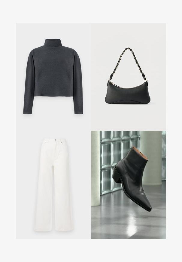 DRYKORN ASIRAL - Sweatshirt - grey; Hvide højtaljede brede jeans lavet af denim. Har frontlommer, knaplukning og afrivede kantdetaljer.; Sort læderankelstøvle med spids tå og blokhæl, der svæver over en reflekterende grå gulv nær en væg af glasblokke.; Sort skuldertaske i læder med en buet rektangulær form, gyldent kæde vævet ind i en flettet sort rem og toplynlås.