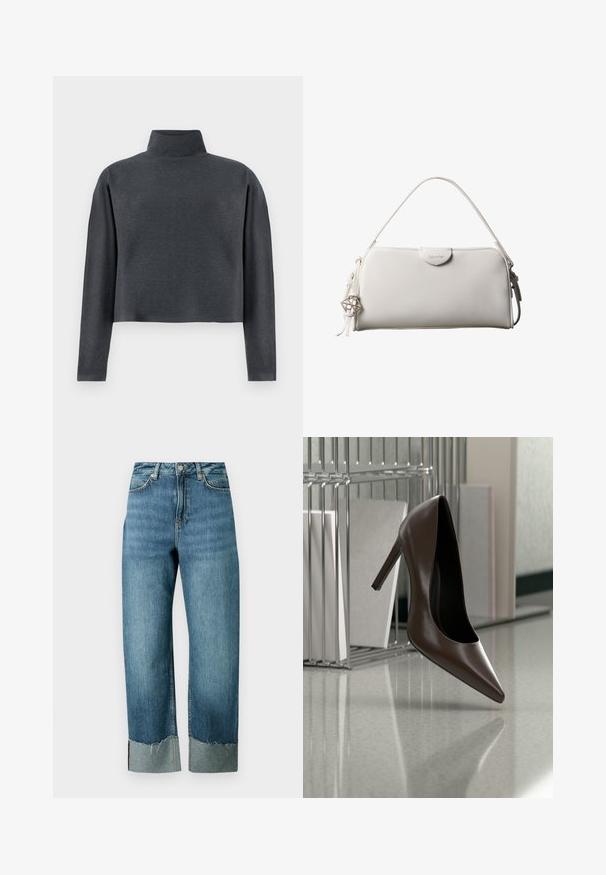 DRYKORN ASIRAL - Sweater - grey; Lichtblauwe denim jeans met een losse, rechte pasvorm. Heeft een rafelige zoom en contrasterend manchetdetail. Vijfzakkenontwerp met knoopsluiting.; Donkerbruine leren schoen met hoge hak zwevend boven een reflecterende vloer naast een metalen rek met witte panelen in een kamer.; Witte rechthoekige Calvin Klein handtas met enkele handgreep, minimalistisch ontwerp en decoratieve kwastjes met geometrische metalen hanger aan de zijkant.