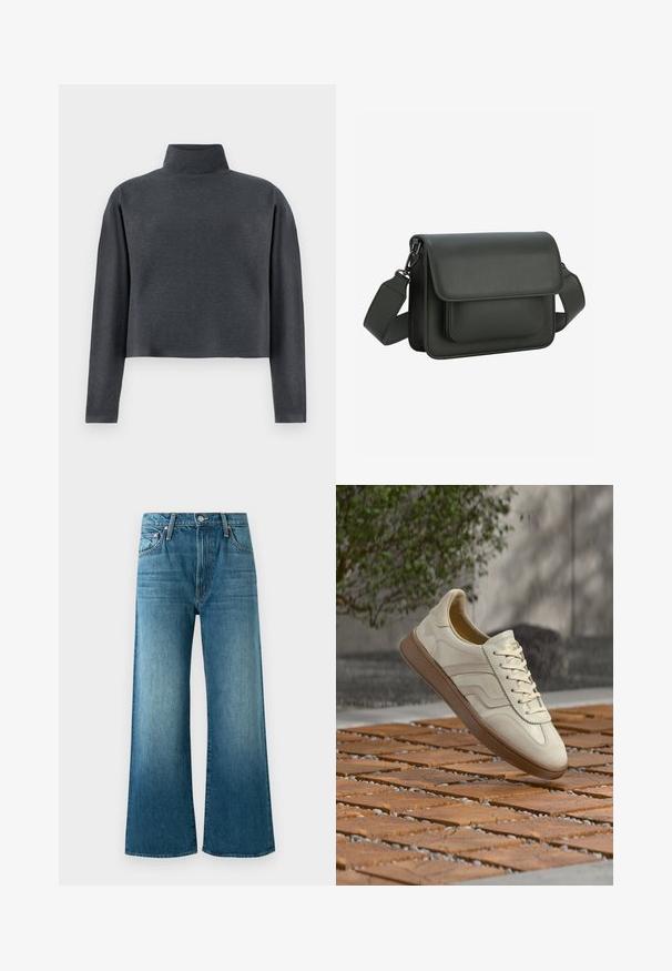 DRYKORN ASIRAL - Sweatshirt - grey; Jean large en denim bleu avec des détails délavés, poches avant, passants de ceinture et fermeture à bouton.; Baskets couleur crème avec une semelle extérieure en caoutchouc beige texturée, un design à lacets et un marquage subtil sur le côté. Tige en cuir lisse.; Sac bandoulière rectangulaire vert foncé avec fermeture à rabat et bandoulière réglable, photographié sur un fond clair uni.