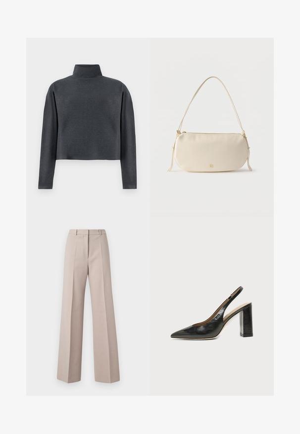 DRYKORN ASIRAL - Sweatshirt - grey; Beige weit geschnittene Hosen aus einem glatten Stoff, mit hoher Taille, vorderen Falten und einer maßgeschneiderten Silhouette.; Schwarzer Leder-Slingback-Schuh mit spitzer Kappe, hohem Blockabsatz und beigegefüttertem Innenraum vor hellem, einfarbigem Hintergrund.; Klein cremefarbene Schultertasche mit einem einzelnen Riemen, Reißverschluss und dezentem goldfarbenem Markenlogo auf der Vorderseite.