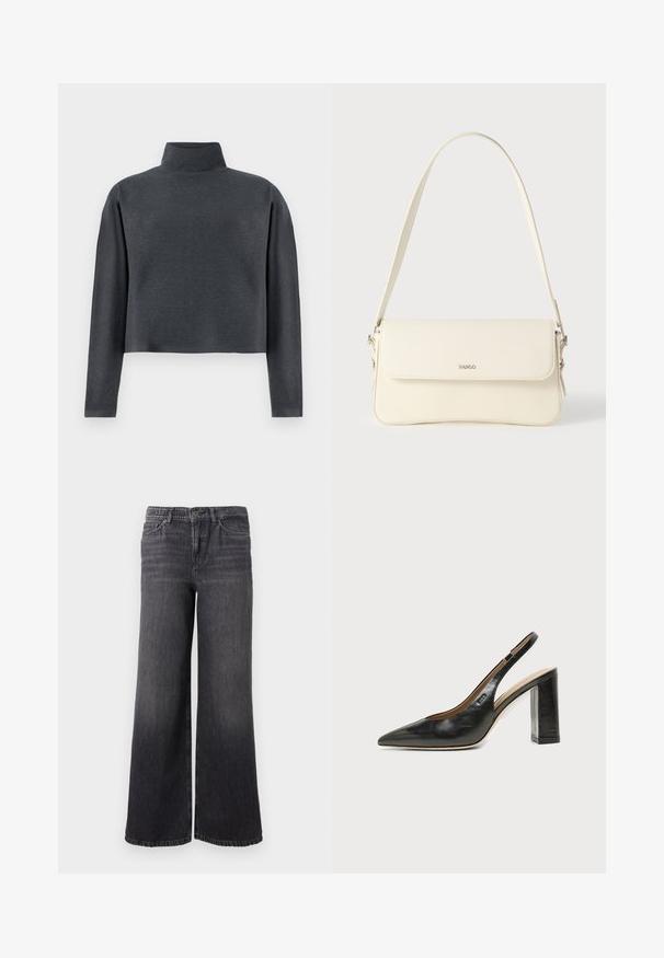 DRYKORN ASIRAL - Sweatshirt - grey; Bredde ben mørkegrå denimjeans med en subtil falmning, der har knaplukning, fem lommer og en lige kant ved anklen.; Sort læder peep-toe slingback sko med høj blokhæl og beige indvendig foring mod en ensfarvet lys baggrund.; Cremefarvet læder skuldertaske med flaplukning, sølvfarvet beslag, en enkelt justerbar rem og diskrete logodetaljer.