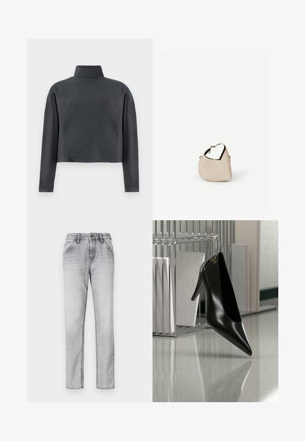DRYKORN ASIRAL - Sweatshirt - grey; Graue Jeans aus Denim mit klassischem Schnitt, ausgestattet mit einem Knopfverschluss, fünf Taschen und subtilen Auswaschungen für Textur. Gerader Beinansatz.; Schwarzer High-Heel-Schuh mit spitzer Zehe und goldem Logo, auf einer reflektierenden Oberfläche nahe einem verchromten Draht-Organizer mit Dokumenten positioniert.; Beige Ledertasche in Halbmondform mit einem einzelnen Schulterriemen und minimaler Nahtgestaltung, vor einem schlichten weißen Hintergrund.