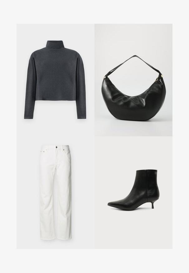 DRYKORN ASIRAL - Sweater - grey; Witte jeans met rechte pijpen, voorzakken, riemlussen, knoopsluiting en zichtbare stiksels tegen een effen achtergrond.; Zwart leren enkellaars met puntige neus en lage kittenhak op lichte achtergrond, zijaanzicht buitenkant.; Zwarte leren schoudertas met een gebogen vorm, zachte textuur en een enkele schouderband; beschikt over een gouden rits en subtiele branding.