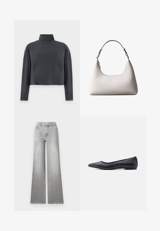DRYKORN ASIRAL - Sweatshirt - grey; Weite graue Denim-Jeans mit einem verwaschenen Finish, Vordertasche und Knopfverschluss. Sie verfügen über ein gerades Bein und einen klassischen Saum.; Schwarzer flacher Lederschuh mit spitzer Kappe und niedrigem Absatz, seitlich vor weißem Hintergrund gezeigt.; Cremefarbene Calvin Klein Lederschultertasche mit gebogener Oberkante, silbernem Reißverschluss und dunkelbraunem verstellbarem Riemen.