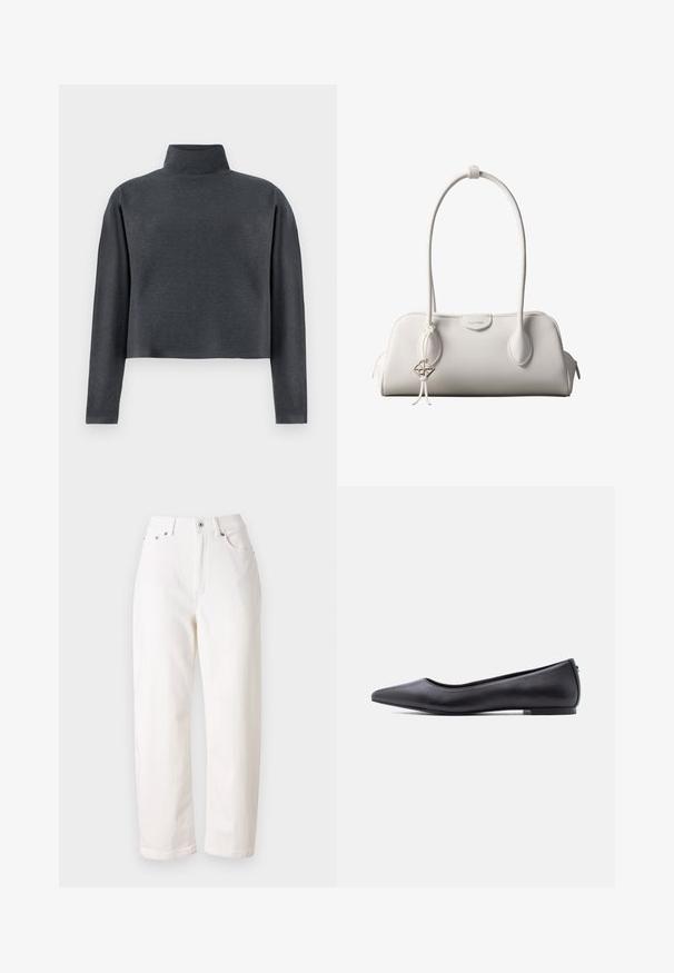 DRYKORN ASIRAL - Sweater - grey; Witte spijkerbroek van denim met een rechte pijp, hoge taille, ritssluiting en metalen knoopsluiting. Beschikt over vijf zakken en subtiele stiksels.; Zwarte platte leren schoen met puntige neus en lage hak, zijaanzicht tegen een witte achtergrond.; Witte Calvin Klein schoudertas met lange hengsels, rechthoekige vorm, ritssluiting en decoratieve logohanger bij het hengsel.
