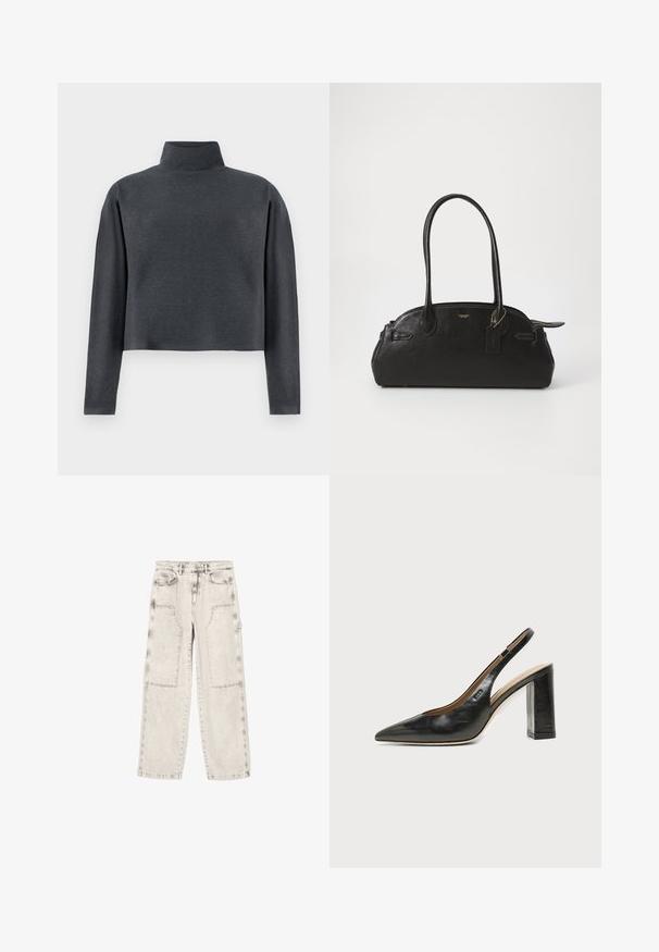 DRYKORN ASIRAL - Sweatshirt - grey; Lysegrå denimbukser med løs pasform, to store frontlommer og en enkelt sidelomme. Afsluttet med standard syninger og knaplukning.; Sort læder peep-toe slingback sko med høj blokhæl og beige indvendig foring mod en ensfarvet lys baggrund.; Sort læderhåndtaske i rund form, med to lange håndtag, guldfarvet hardware og et lille mærke vedhæftet. Lynlåslukning på toppen.