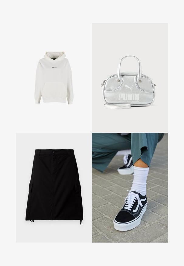 Witte hoodie met voorvak en klein zwart "PEGADOR" logo midden op de borst.; Zwarte cargorok van een katoenmengsel met een rechte snit, voorzien van zijzakken, een voorste knoopsluiting en een verstelbare drawstring onderrand.; Zwarte suède sneaker met witte accenten en veters, uitgerust met een dikke witte zool en contrasterende stiksels, gecombineerd met een witte sok.; Kleine metallic zilveren Puma-handtas met dubbele bovenhengsels, een lange riem, voorlogo en ritssluiting op een effen lichte achtergrond.