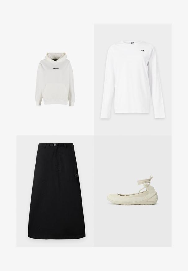 Witte hoodie met voorvak en klein zwart "PEGADOR" logo midden op de borst.; Wit shirt met lange mouwen en ronde hals met klein zwart The North Face-logo op de linkerborst.; Zwarte midilange rok met verstelbare taillebandriem en het The North Face-logo aan de rechterkant.; Lichtbeige ballet flats met een ronde neus, vetersluiting bij de enkel, textuur op het oppervlak en een flexibele zool. Geschikt voor casual kleding.