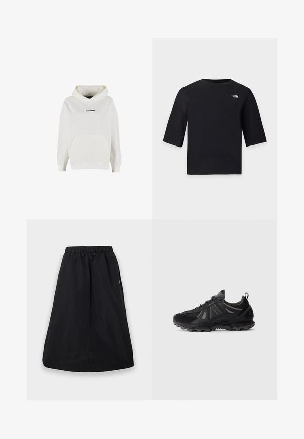 Hvid hættetrøje med frontlomme og lille sort "PEGADOR" logo centreret på brystet.; Sort T-shirt med korte ærmer og rund halsudskæring med lille hvid The North Face-logo øverst til venstre på brystet mod en lys baggrund.; Sort A-formet nederdel med elastisk taljebånd og justerbar snøre, knælængde, ensfarvet design med sidelommer.; Sort trail løbesko med robust sål, mesh- og syntetisk overdel, snørebåndslukning og trækstrop på en hvid baggrund.