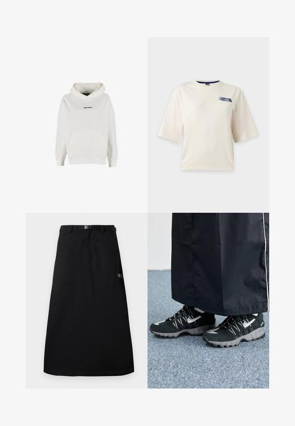 Witte hoodie met voorvak en klein zwart "PEGADOR" logo midden op de borst.; Wit T-shirt met korte mouwen met een klein blauw The North Face-logo op de bovenste linkerborst.; Zwarte midilange rok met verstelbare taillebandriem en het The North Face-logo aan de rechterkant.; Zwarte atletische schoenen met een gestructureerde bovenkant, zilveren accenten en een gestippelde loopzool, gecombineerd met een zwart lang kledingstuk. Geplaatst op een blauwe vloerbedekking.
