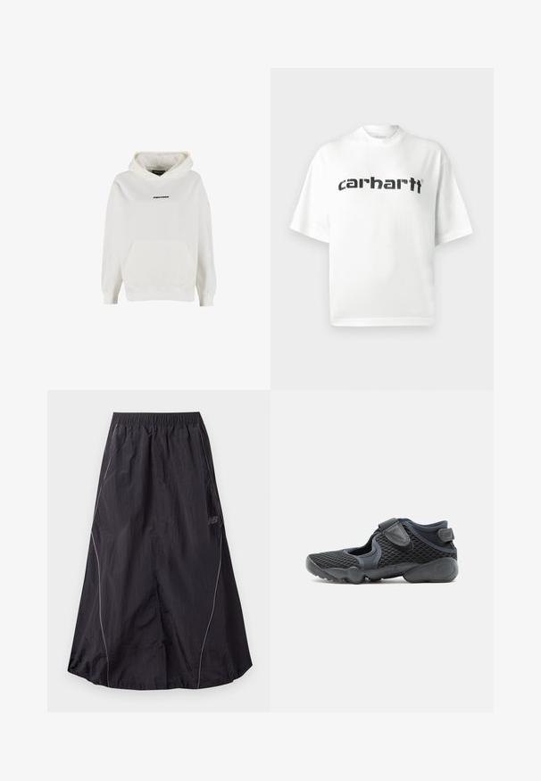 Weißer Kapuzenpullover mit Fronttasche und kleinem schwarzen "PEGADOR"-Logo in der Mitte der Brust.; Weißes Baumwoll-T-Shirt mit rundem Halsausschnitt und kurzen Ärmeln. Schwarzes "carhartt"-Logo ist quer über der Brust aufgedruckt. Einfaches Design, lockere Passform.; Schwarzer leichter Nylon-Sportrock mit elastischem Bund und dezent reflektierendem Paspel an den Seiten, New Balance Logo auf der rechten Seite.; Schwarzer Sportschuh mit Mesh-Obermaterial, zwei verstellbaren Klettverschlüssen und gepolsterter Sohle, die für Komfort und Flexibilität entwickelt wurde.