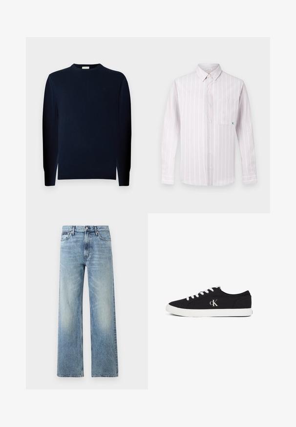 Joven con cabello rizado que lleva un jersey oscuro de manga larga y pantalones oscuros, está de pie frente a un fondo gris liso.; Camisa de manga larga color rosa claro con botones, rayas verticales blancas y un bolsillo en el pecho con un pequeño logo verde. Tejido de algodón, cuello estándar.; Vaqueros de mezclilla azul claro de corte recto con cintura alta, cinco bolsillos, cierre de botón y sutil desgaste en los muslos y las rodillas.; Zapatilla negra de corte bajo con cordones y suela blancos, con el logo "cK" en el lateral, presentada sobre un fondo blanco.