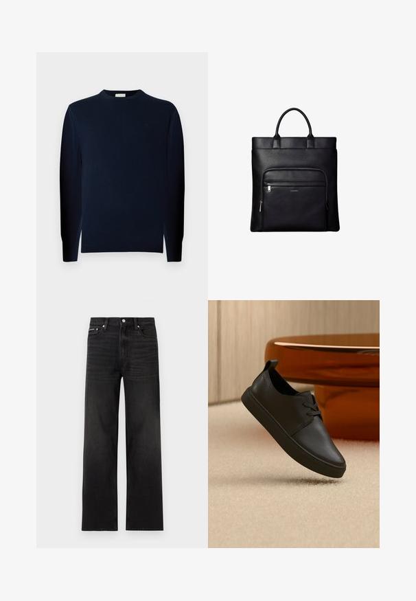Jeune homme aux cheveux bouclés portant un pull à manches longues sombre et un pantalon foncé, debout devant un fond gris uni.; Jean noir droit avec cinq poches, passants pour ceinture et fermeture par bouton, présenté sur un fond blanc.; Baskets décontractées en cuir noir avec lacets, flottant au-dessus d'un tapis beige, avec une table en verre ambré arrondie en arrière-plan.; Sac cabas en cuir noir avec anses supérieures et poche avant zippée portant un petit logo Calvin Klein sur la poche.